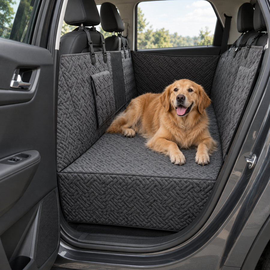 Dog lying relaxed on the flat Drover hard-base seat extender