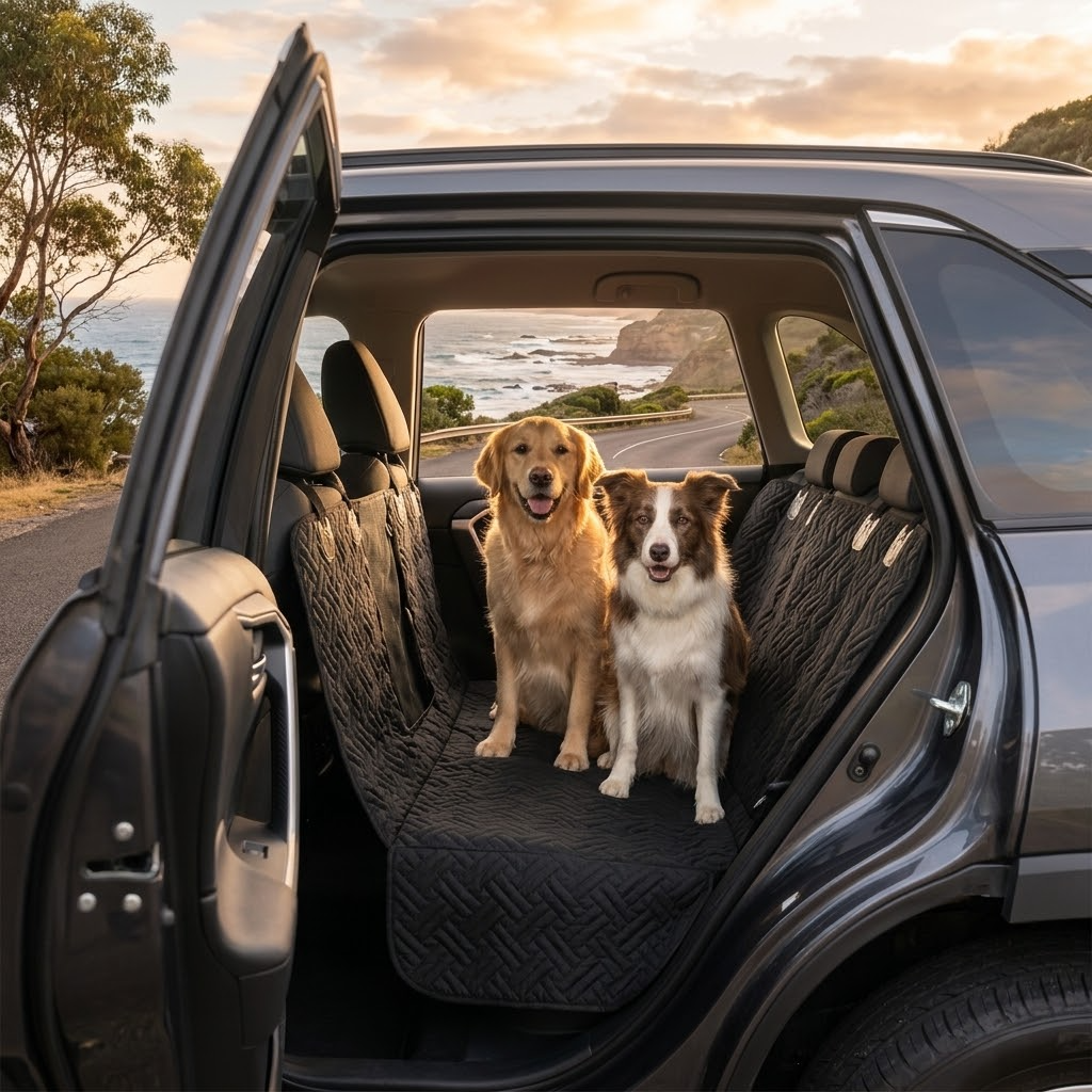 Dogs riding on the Drover back seat extender
